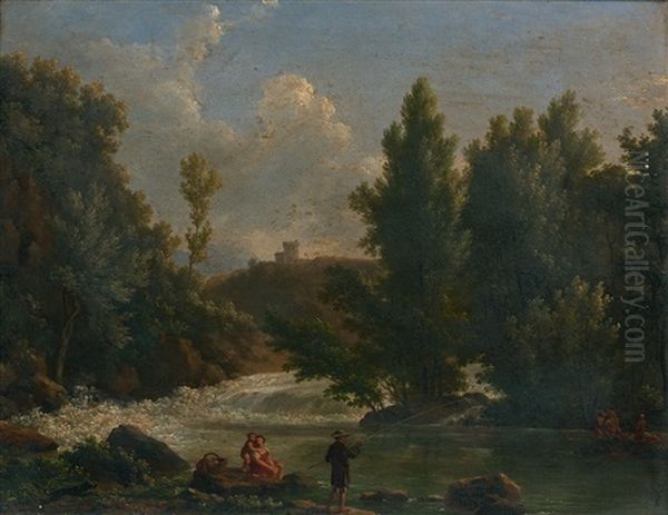 Paysage De Riviere Anime D'un Pecheur Et De Baigneuses Oil Painting by Jean Joseph Xavier Bidault