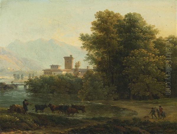 An Italianate Landscape Oil Painting by Jean Joseph Xavier Bidault