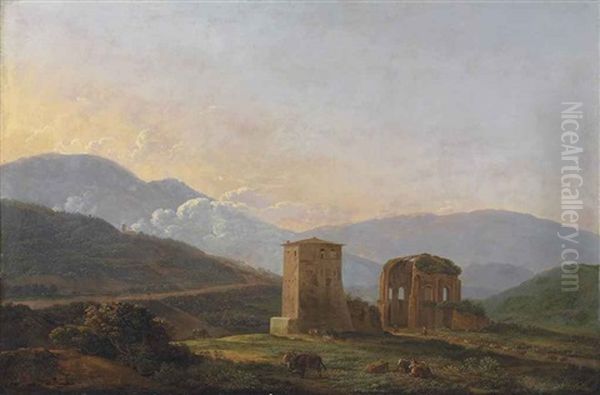 An Italianate Landscape With Herdsmen And Their Cattle Resting By A Tower And A Ruin, A Village On The Hills Beyond Oil Painting by Jean Joseph Xavier Bidault