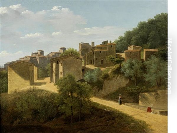 A View Of A Hillside Town, Possibly Tivoli Oil Painting by Jean Joseph Xavier Bidault