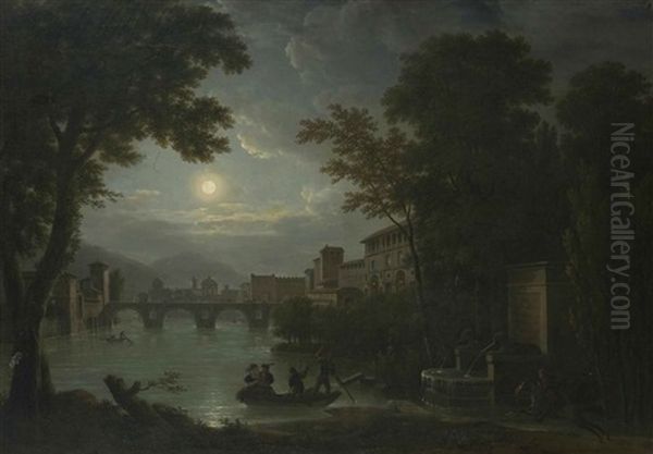 Vue Fantaisiste D'une Ville Italienne Au Clair De Lune Oil Painting by Jean Joseph Xavier Bidault