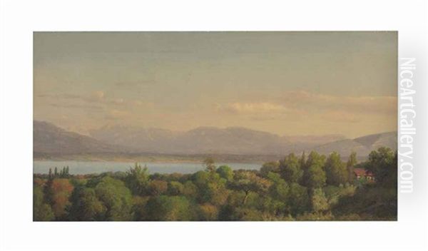 View Of Lake Geneva With The Glaciers Of Mont Blanc Beyond Oil Painting by Jean Joseph Xavier Bidault