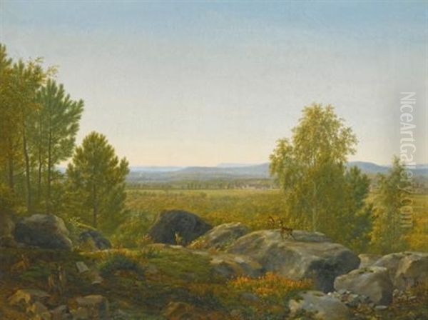 A Rocky Outcrop With Deer, An Extensive Landscape Beyond Oil Painting by Jean Joseph Xavier Bidault