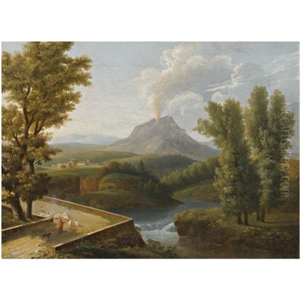 A Landscape With Figures Herding Their Sheep Along The Path With Mount Vesuvius Erupting In The Background Oil Painting by Jean Joseph Xavier Bidault