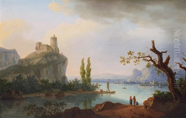 Rocky Coastal Landscape With Castle Oil Painting by Jean Joseph Xavier Bidault