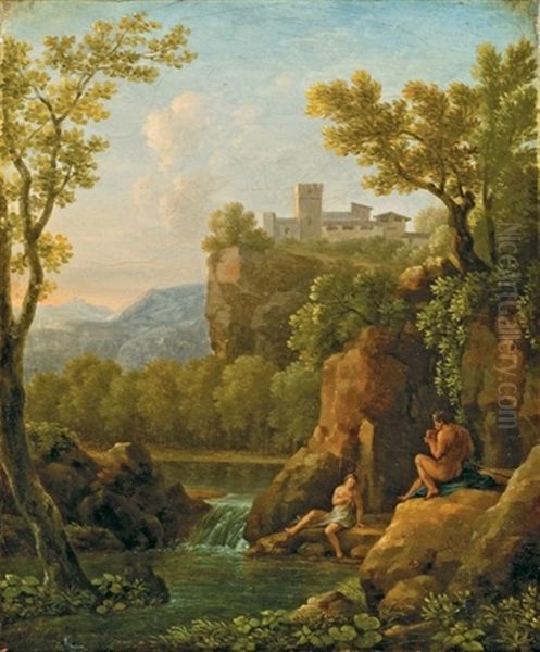 Paysage Avec Pan Jouant De La Flute Pour Une Nymphe Oil Painting by Jean Joseph Xavier Bidault