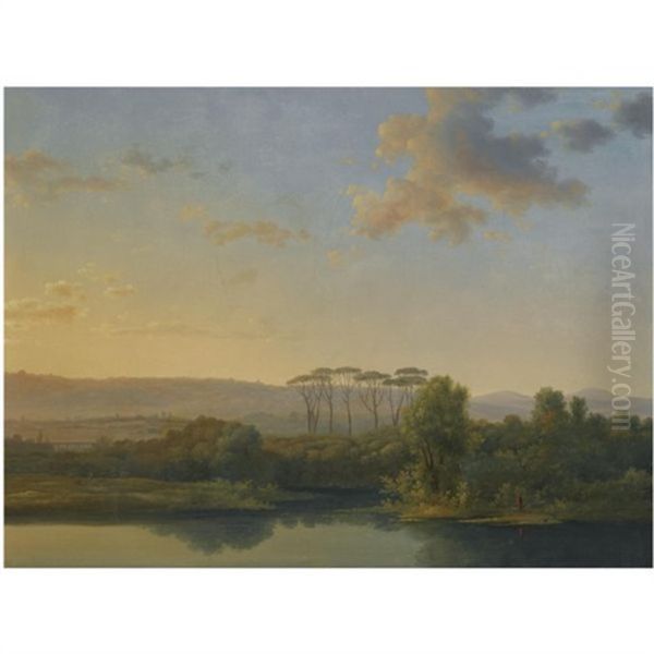 An Italianate River Landscape At Sunset Oil Painting by Jean Joseph Xavier Bidault