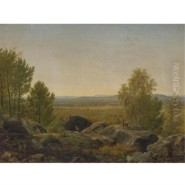 Extensive Landscape With Deer Oil Painting by Jean Joseph Xavier Bidault