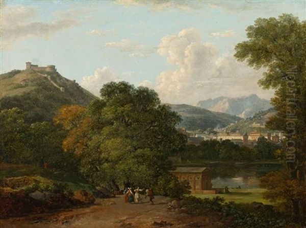 Italienische Landschaft Mit Tanzergruppe Im Vordergrund Oil Painting by Jean Joseph Xavier Bidault