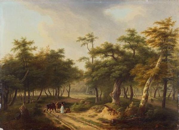 Sous-bois Anime De Promeneurs Et De Cavaliers Oil Painting by Jean Joseph Xavier Bidault