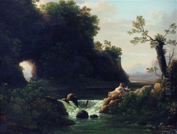 Paysage De Riviere Avec Un Couple De Baigneurs Surpris Par Un Lion Oil Painting by Jean Joseph Xavier Bidault