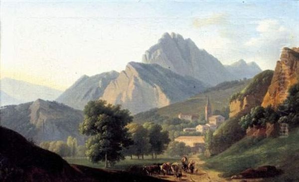 Paysage De Montage Avec Un Berger Et Son Troupeau Pres D'un Village Oil Painting by Jean Joseph Xavier Bidault