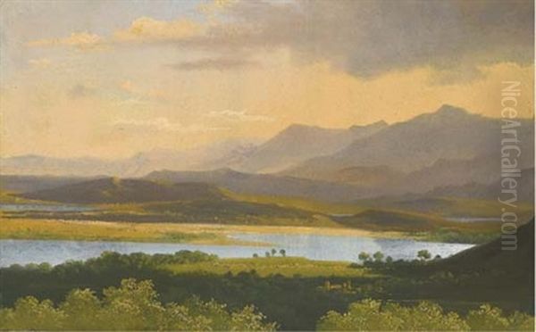 Un Paysage Montagneux Avec Un Lac Au Coucher Du Soleil Oil Painting by Jean Joseph Xavier Bidault