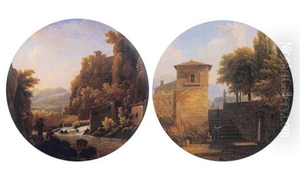 Paysage D'italie A La Cascade (+ Promeneurs Dans Un Parc Italien; Pair) by Jean Joseph Xavier Bidault