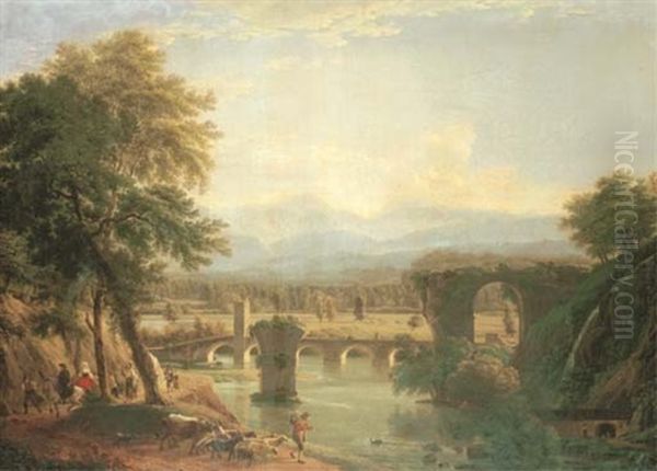 The Augustan Bridge On The Nera River, Near The Town Of Narni, Italy Oil Painting by Jean Joseph Xavier Bidault