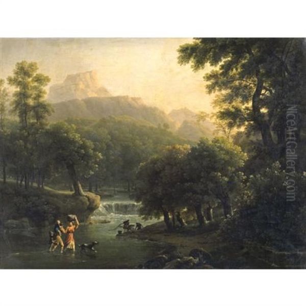 Landscape With Figures Crossing A River Oil Painting by Jean Joseph Xavier Bidault