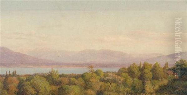 A View Of Lake Geneva With The Glaciers Of Mont Blanc Beyond Oil Painting by Jean Joseph Xavier Bidault