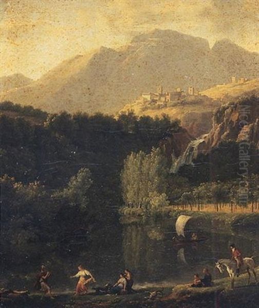 Paysage Italien Anime De Personnages Au Bord D'un Lac Oil Painting by Jean Joseph Xavier Bidault