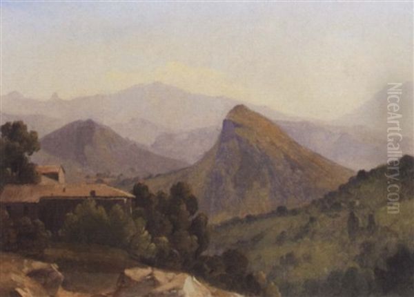 An Italianate Landscape With A Farmhouse, Mountains Beyond Oil Painting by Jean Joseph Xavier Bidault