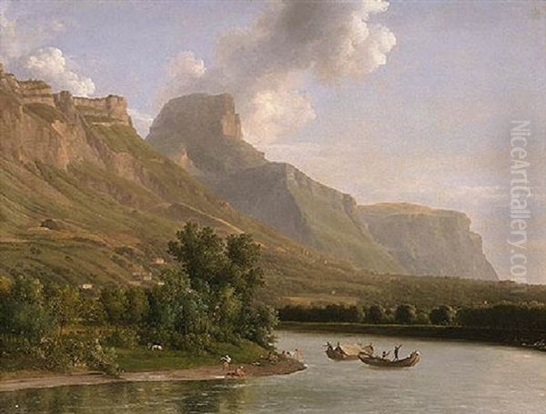 An Alpine Landscape With Figures Bathing And Fishermen In Their Boats Nearby Oil Painting by Jean Joseph Xavier Bidault