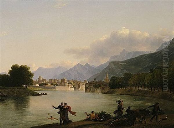 An Alpine Landscape With A View Of A Lake And Figures Bathing, Resting And Promenading, A Town Beyond Oil Painting by Jean Joseph Xavier Bidault