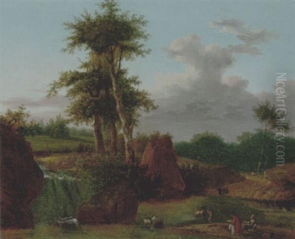 A Wooded Landscape With An Artist Sketching At The Base Of A Waterfall, Animals Drinking In A Pool Nearby Oil Painting by Jean Joseph Xavier Bidault