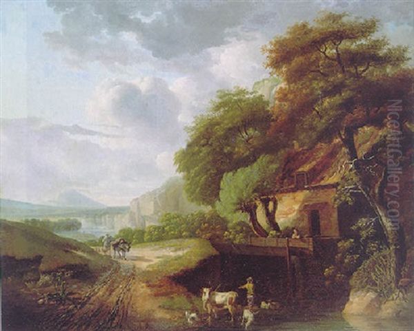 A Wooded Landscape With A Peasant Watering His Livestock Outside A Cottage In The Foreground, A Traveller On A Path, A Lake And Mountains Beyond Oil Painting by Jean Joseph Xavier Bidault