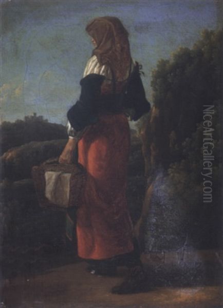 A Young Italian Peasant Woman In A Landscape Oil Painting by Jean Joseph Xavier Bidault