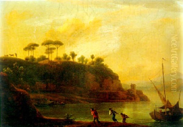 Fishermen Towing A Boat On The River Tiber At Sunset Oil Painting by Jean Joseph Xavier Bidault