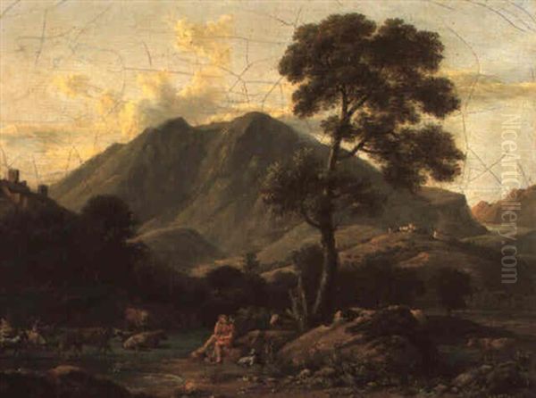 Paysage Montagneux Avec Un Berger Et Son Troupeau Oil Painting by Jean Joseph Xavier Bidault