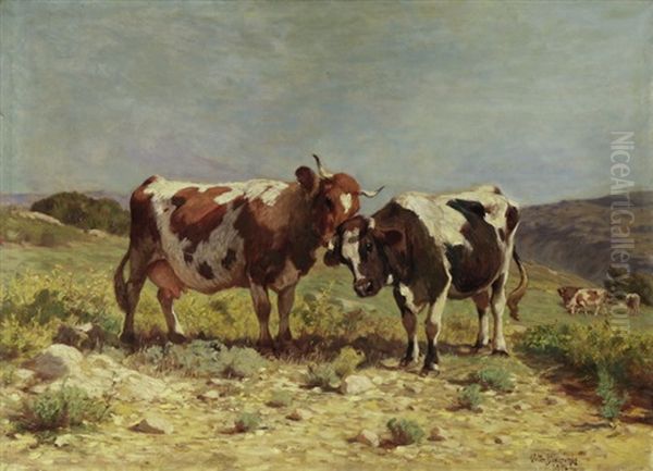 Zwei Kuhe Auf Der Weide Oil Painting by Walter Biddlecombe