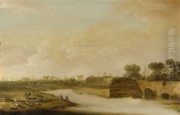 Weite Flusslandschaft Mit Deich, Die Silhouette Einer Windmuhle Im Hintergrund by Cornelis de Bie