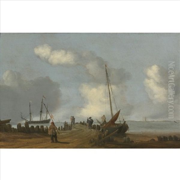 A Coastal Landscape With Figures On A Jetty, A Sailing Boat Moored To Its Right Oil Painting by Cornelis de Bie