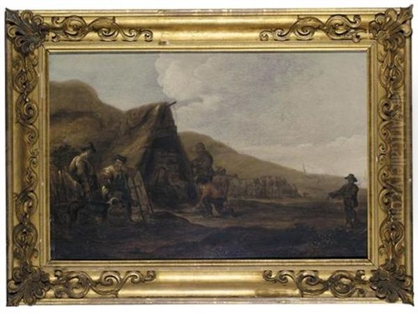 A Coastal Encampment Oil Painting by Cornelis de Bie