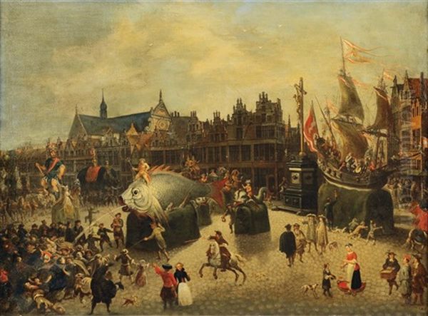 Procession De Chars Sur La Place Du Meir A Anvers Pour L'ommegang Oil Painting by Erasmus de Bie