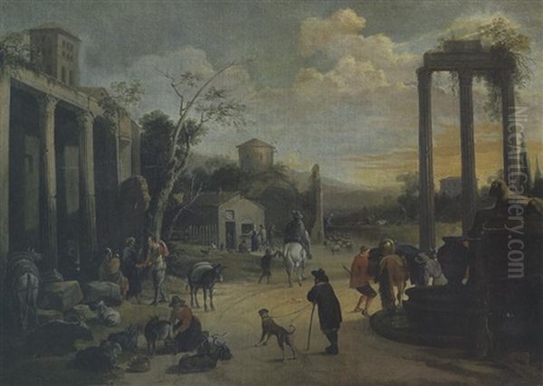 Paysans Et Cavaliers Dans Un Paysage De Ruines Oil Painting by Erasmus de Bie