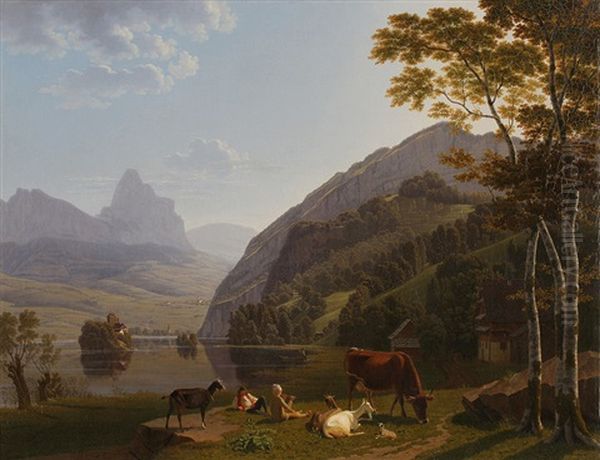 Lauerzersee Mit Hirten Im Vordergrund / Lake Lauerz With Shepherds In The Front Oil Painting by Johann Jakob Biedermann