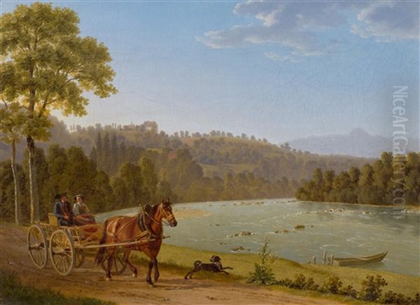 View Of Schloss Oetlishausen With Travellers In A Carriage Along The Thur Oil Painting by Johann Jakob Biedermann