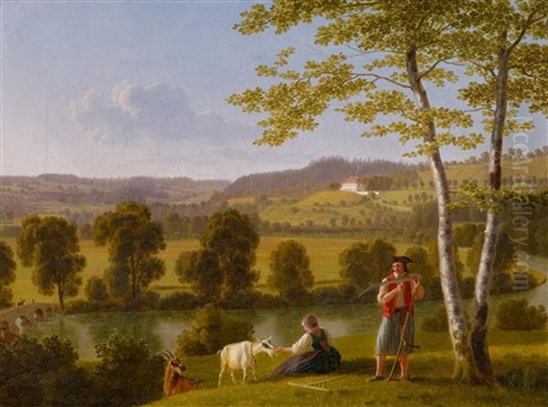 Peasant Couple By The Thur With View Of Schloss Oetlishausen Oil Painting by Johann Jakob Biedermann