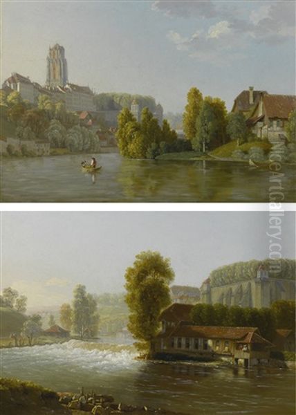 Views Of The Old City Of Bern, A Pair Oil Painting by Johann Jakob Biedermann