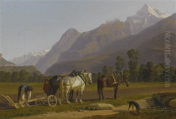 Landscape With Ploughmen And Horses In The Canton Of Valais Oil Painting by Johann Jakob Biedermann