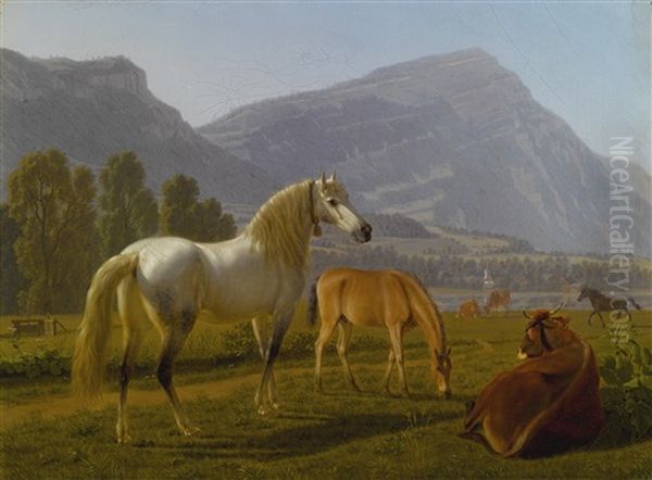 Alpine Landscape With Horses Oil Painting by Johann Jakob Biedermann