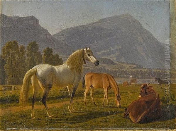 Pferde Und Rinder Auf Der Weide In Schweizer Gebirgslandschaft Oil Painting by Johann Jakob Biedermann