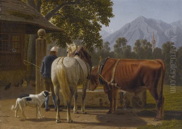 Pferd Und Ochse Am Brunnen, Im Hintergrund Der Niesen Oil Painting by Johann Jakob Biedermann