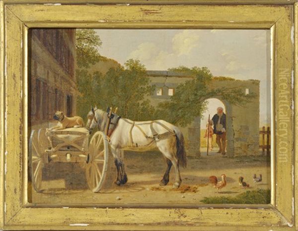 Cour De Ferme Avec Attelage, Animaux Et Paysans Oil Painting by Johann Jakob Biedermann