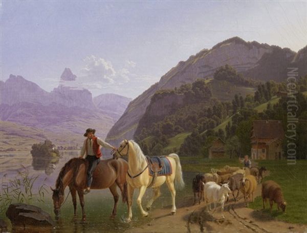 Berittener Hirte Vor Mythen Und Rigi Oil Painting by Johann Jakob Biedermann