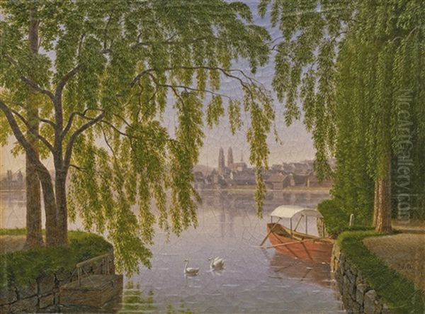 Blick Vom Linken Seeufer Auf Die Stadt Zurich Und Das Grossmunster Oil Painting by Johann Jakob Biedermann