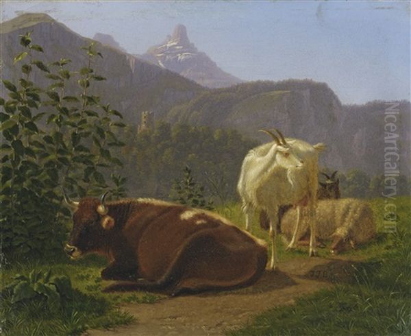 Tiere Vor Berglandschaft Oil Painting by Johann Jakob Biedermann