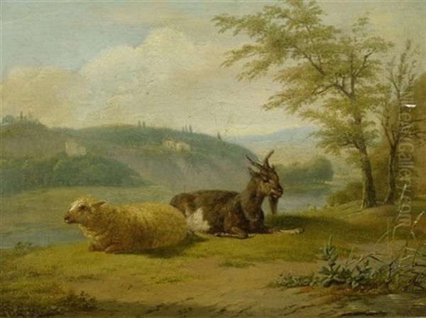 Ein Schaf Und Eine Ziege Vor Einer Weiten Landschaft Oil Painting by Johann Jakob Biedermann