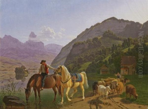 Reiter Mit Zwei Pferden Und Herde (rider With Two Horses And Herd) Oil Painting by Johann Jakob Biedermann